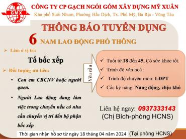 TUYỂN DỤNG LAO ĐỘNG BỐC XẾP T04.2024